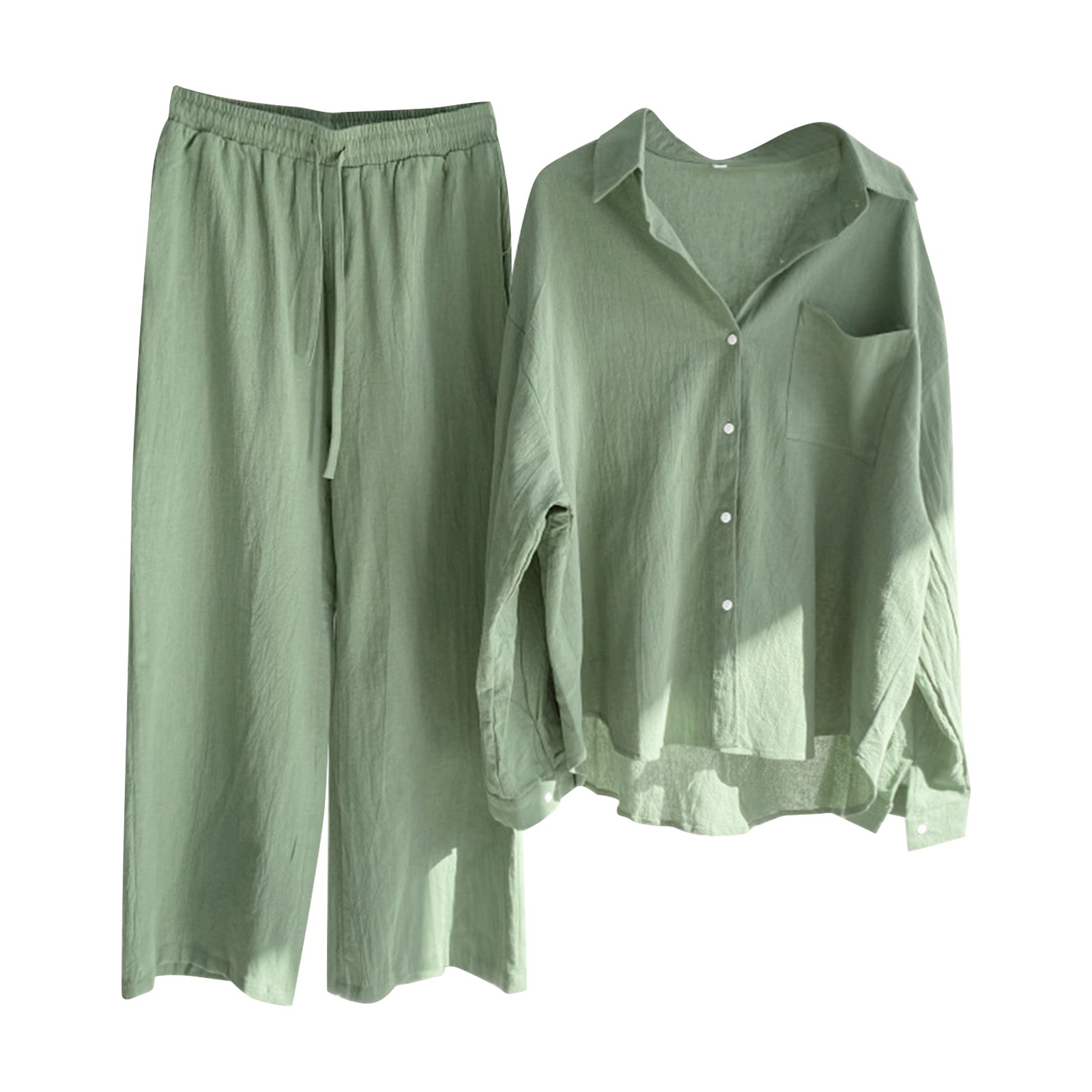thumbnail image 2 of Traje retro de dos piezas para mujer: camisa de manga larga y pantalones de cintura alta, color liso, tejido cómodo, tallas grandes, adecuado para el día a día y para fiestas, 2 of 5